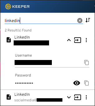 Screenshot of Keeper password manager browser plugin