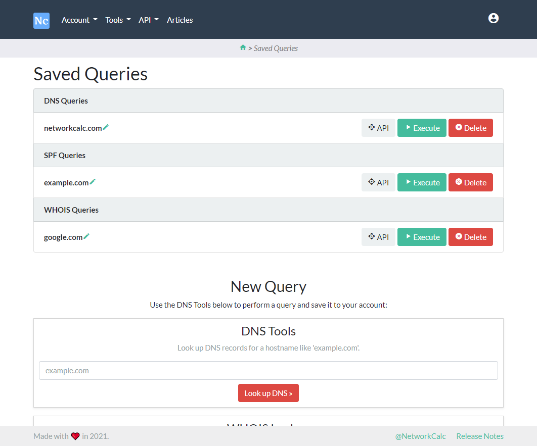 Screenshot of saved DNS queries feature