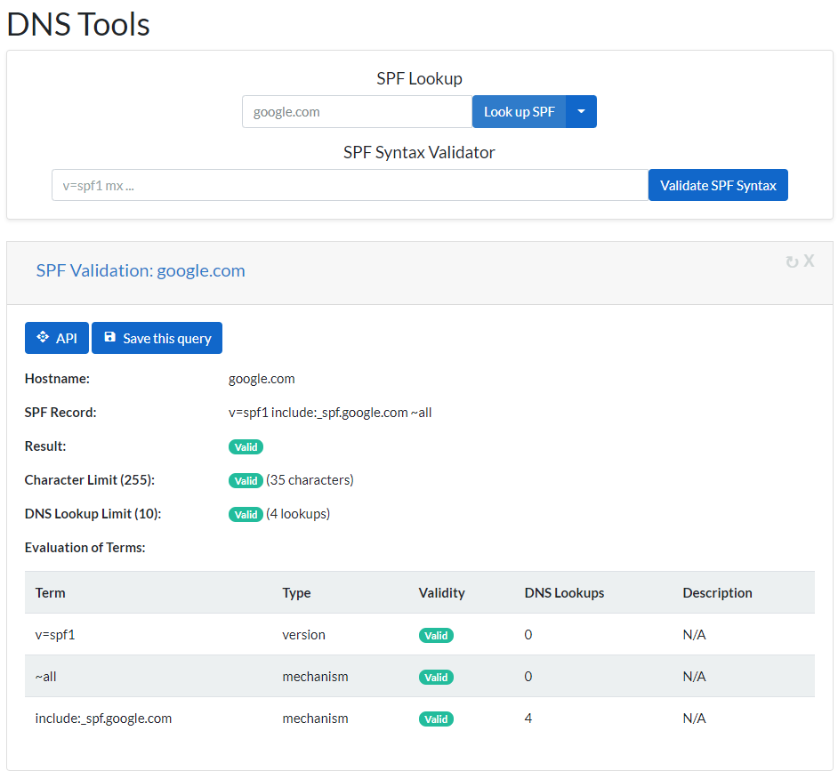 Tool for looking up a domain's SPF record or validating an SPF record string