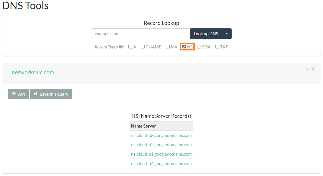Example of name server lookup for networkcalc.com
